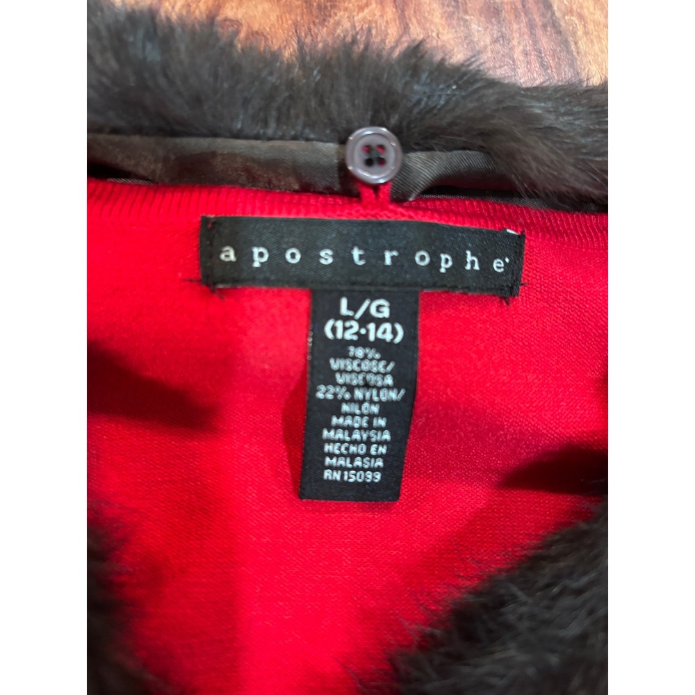 APOSTROPHE knit cardigan sweater womens L red real fox fur collar with brooch